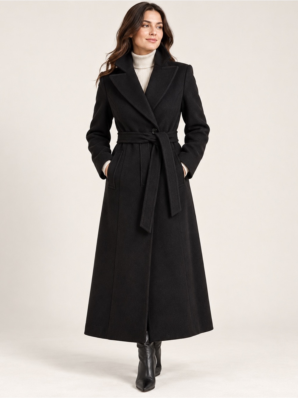DKNY Black Long Belted Winter Coat Wool Blend M NWOT
